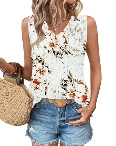 WNEEDU Damen Tanks Tops Sommer V-Ausschnitt ärmellos locker Cami Oberteil mit Eyelet-Stickerei und Seiten-Splits Oberteile Shirts Top Braune Rote Blume XL von WNEEDU