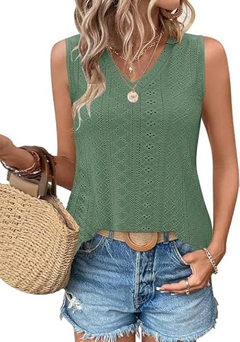 WNEEDU Damen Tanks Tops Sommer V-Ausschnitt ärmellos locker Cami Oberteil mit Eyelet-Stickerei und Seiten-Splits Oberteile Shirts Top Dunkelgrün XL von WNEEDU