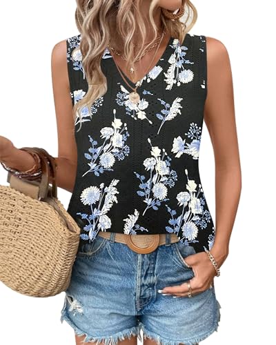 WNEEDU Damen Tanks Tops Sommer V-Ausschnitt ärmellos locker Cami Oberteil mit Eyelet-Stickerei und Seiten-Splits Oberteile Shirts Top Floral Schwarz Blau L von WNEEDU
