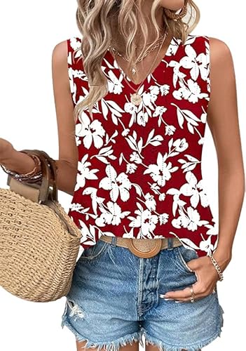 WNEEDU Damen Tanks Tops Sommer V-Ausschnitt ärmellos locker Cami Oberteil mit Eyelet-Stickerei und Seiten-Splits Oberteile Shirts Top Rote Weiße Blume XL von WNEEDU