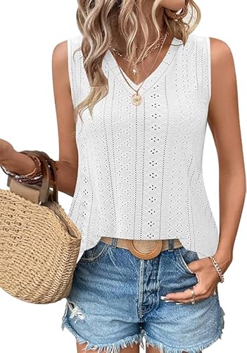 WNEEDU Damen Tanks Tops Sommer V-Ausschnitt ärmellos locker Cami Oberteil mit Eyelet-Stickerei und Seiten-Splits Oberteile Shirts Top Weiß M von WNEEDU