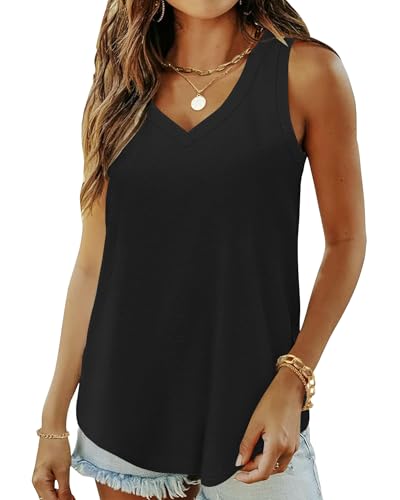 WNEEDU Damen Tanktop Sommer Basic - Ärmellos Oberteile V-Ausschnitt T Shirt Top Cami Bluse(Schwarz M) von WNEEDU