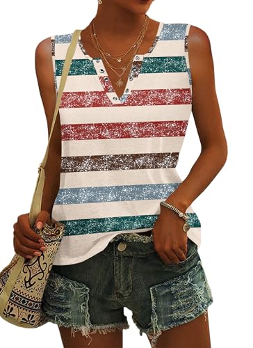 WNEEDU Damen Tanktops Ärmellos Oberteile Sommer V-Ausschnitt Tank Top Rot Grün Grau Gestreift L von WNEEDU