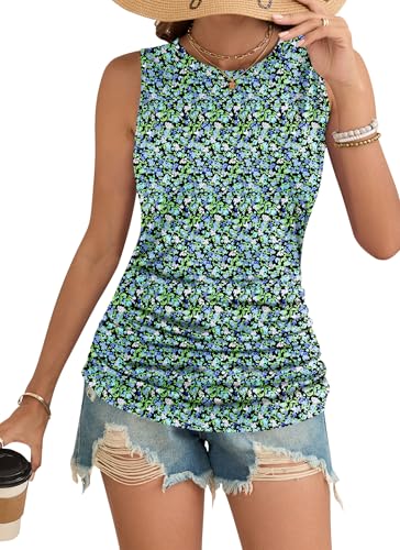 WNEEDU Damen Tanktops Sommer Ärmellos Oberte Blaue Grüne Blume M von WNEEDU