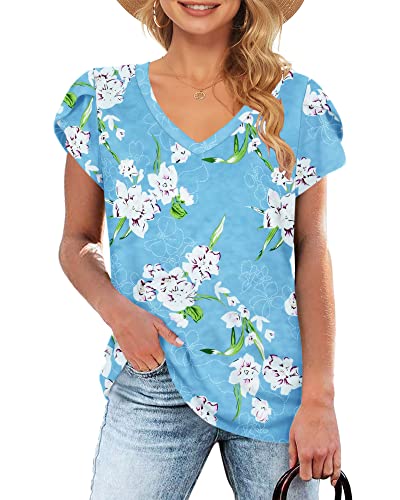 WNEEDU Damen Tshirt V Ausschnitt Sommer Top Freizeit Kurzarm Oberteile Florales Hellblau S von WNEEDU