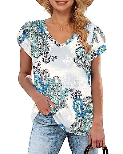 WNEEDU Oberteile Damen Sommer T Shirt V Ausschnitt Freizeit Kurzarm Top Boho Grün Weiß S von WNEEDU