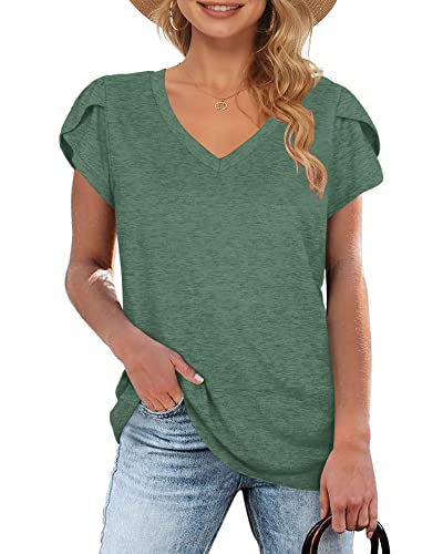 WNEEDU Tshirt Damen V Ausschnitt BlüTenblatt Ärmel Top Sommer Freizeit Kurzarm Oberteile Waldgrün L von WNEEDU