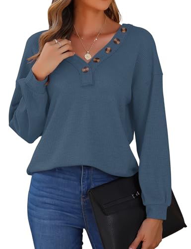 WNEEDU Damen Waffelstrick Pullover V-Ausschnitt langärmelig Tops mit Dekorative Knöpfe Lässig Lose Tunika Shirts Beja Blau 2XL von WNEEDU