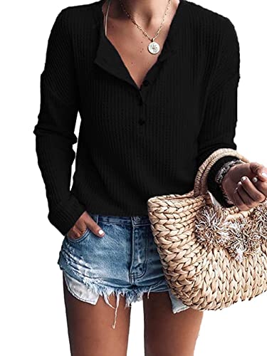 WNEEDU Damen Pullover Waffelstrick Langarm Oversize T-Shirt Leichte Henley Shirt V-Ausschnitt von WNEEDU