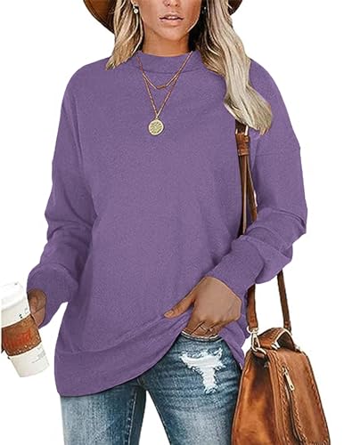 WNEEDU Damenpullover Langarm Oberteile Damen Winter Herbst Basic Langarmshirt Rundhals Pulli Tops Lila L von WNEEDU