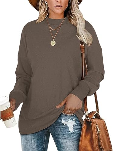 WNEEDU Damenpullover Langarm Sweatshirt Damen Ohne Kapuze Oversized Damen Langarmshirt Lässig Leichte Pullover Dunkler Kaffee 3XL von WNEEDU