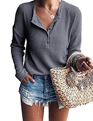 WNEEDU Langarmshirt Damen Pullover Waffelstrick Langarm Oversize T-Shirt Leichte Henley Shirt V-Ausschnitt mit Knöpfe von WNEEDU