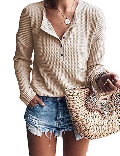 WNEEDU Damenpullover Waffelstrick Langarm Tops Langarmshirt Oberteile V-Ausschnitt mit Knöpfe von WNEEDU