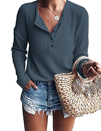 WNEEDU Langarmshirt Damen Pullover Waffelstrick Langarm Oversize T-Shirt Leichte Henley Shirt V-Ausschnitt mit Knöpfe von WNEEDU
