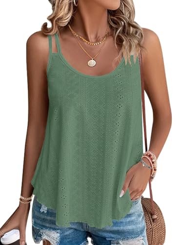 WNEEDU Grün Sommer Tops Damen Rundhalsausschnitt Spaghetti Tank Top Ärmellose Cami Oberteile Shirts Dunkles Grün M von WNEEDU