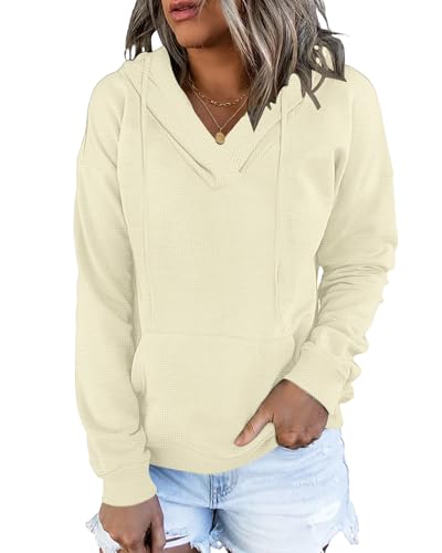 WNEEDU Damen Kapuzenpullover Lässiges Sweatshirt Kordelzug Herbst Langarmshirt mit Kängurutasche Beige M von WNEEDU