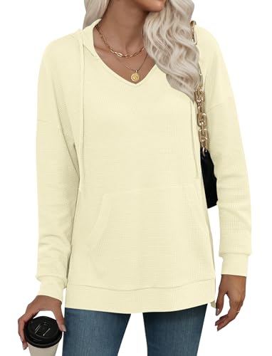 WNEEDU Kapuzenpullover Damen Sweatshirt mit Kapuze Waffelstrick V Ausschnitt Pullover Langarmshirt Damen Hoodie Oberteile Herbst Winter mit Kordelzug Taschen Beige M von WNEEDU