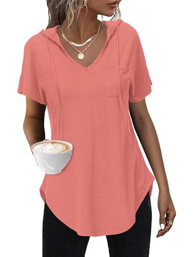 WNEEDU Kapuzenpullover Damen Sommer T-Shirt Top Hoodie Kurzarm Oberteile Wassermelone Rot S von WNEEDU