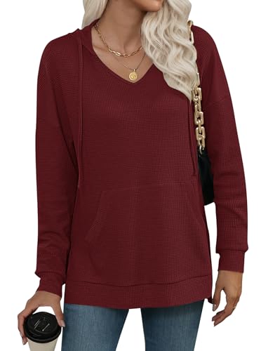 WNEEDU Kapuzenpullover Damen Sweatshirt mit Kapuze Waffelstrick V Ausschnitt Pullover Langarmshirt Damen Hoodie Oberteile Herbst Winter mit Kordelzug Taschen Burgunderrot M von WNEEDU