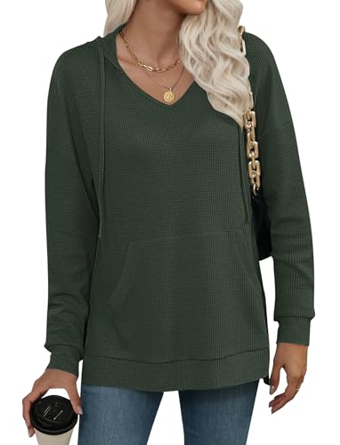 WNEEDU Kapuzenpullover Damen Sweatshirt mit Kapuze Waffelstrick V Ausschnitt Pullover Langarmshirt Damen Hoodie Oberteile Herbst Winter mit Kordelzug Taschen Dunkelgrün M von WNEEDU