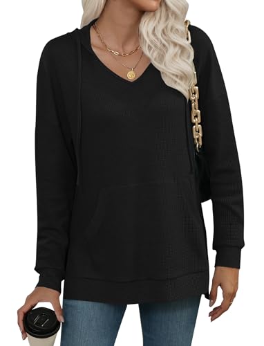 WNEEDU Kapuzenpullover Damen Sweatshirt mit Kapuze Waffelstrick V Ausschnitt Pullover Langarmshirt Damen Hoodie Oberteile Herbst Winter mit Kordelzug Taschen Schwarz S von WNEEDU