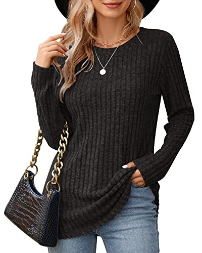 WNEEDU Pullover Damen Rundhals Lose Damen Langarmshirt Herbst Elegant Basic Sweatshirt Lässige Oberteile Bluse Tunika Tops Dunkelgrau L von WNEEDU