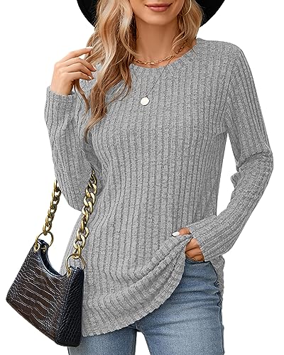 WNEEDU Grau Frauen Langarm-Pullover Rundhalsausschnitt Damen Tunika Tops Leichtgewicht Casual Sweatshirt Hellgrau 2XL von WNEEDU