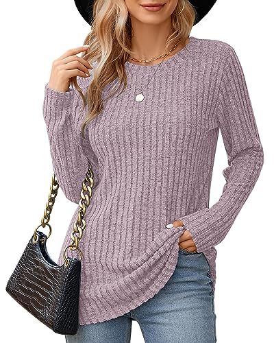 WNEEDU Damen Langarm Tops Leichte Rundhals Sweatshirts Lässige Langarmshirt für Frauen Herbst Strickpullover Winter Sweater Tunika Oberteile Pullover Helles Rosa L von WNEEDU