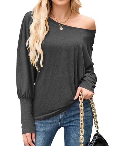 WNEEDU Schulterfreies Oberteil Damen Off Shoulder Pullover Langarmshirt Fledermausärmel Rundhals Herbst Longshirt Tunika Bluse Sweatshirt Lässig Grau S von WNEEDU
