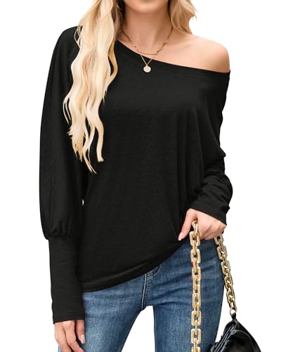 WNEEDU Schulterfreies Oberteil Damen Off Shoulder Pullover Langarmshirt Fledermausärmel Rundhals Herbst Longshirt Tunika Bluse Sweatshirt Lässig Schwarz L von WNEEDU