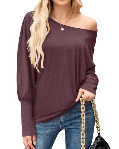 WNEEDU Schulterfreies Oberteil Damen Off Shoulder Pullover Langarmshirt Fledermausärmel Rundhals Herbst Longshirt Tunika Bluse Sweatshirt Lässig Weinrot S von WNEEDU
