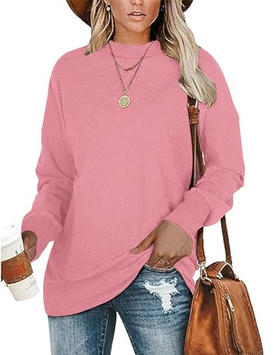 WNEEDU Langarmshirt Damen Pullover Rundhalsausschnitt Basic Sweatershirt Lässig Leichte Damenpullover Langarm Shirt Oberteil Tops Pfirsichrosa M von WNEEDU