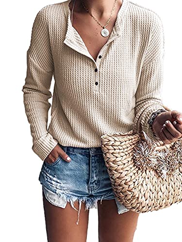 WNEEDU Langarmshirt Damen Pullover Waffelstrick Langarm Oversize T-Shirt Leichte Henley Shirt V-Ausschnitt mit Knöpfe von WNEEDU
