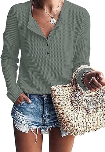 WNEEDU Langarmshirt Damen Pullover Waffelstrick Langarm Oversize T-Shirt Leichte Henley Shirt V-Ausschnitt mit Knöpfe von WNEEDU