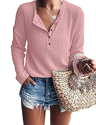 WNEEDU Langarmshirt Damen Pullover Waffelstrick Langarm Oversize T-Shirt Leichte Henley Shirt V-Ausschnitt mit Knöpfe von WNEEDU