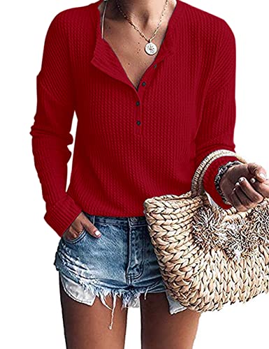 WNEEDU Langarmshirt Damen Pullover Waffelstrick Langarm Oversize T-Shirt Leichte Henley Shirt V-Ausschnitt mit Knöpfe WNEEDU Langarmshirt Damen Pullover Waffelstrick Langarm Oversize T-Shirt Leichte Henley Shirt V-Ausschnitt mit Knöpfe von WNEEDU