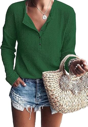 WNEEDU Langarmshirt Damen Pullover Waffelstrick Langarm Oversize T-Shirt Leichte Henley Shirt V-Ausschnitt mit Knöpfe von WNEEDU