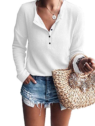 WNEEDU Langarmshirt Damen Pullover Waffelstrick Langarm Oversize T-Shirt Leichte Henley Shirt V-Ausschnitt mit Knöpfe von WNEEDU