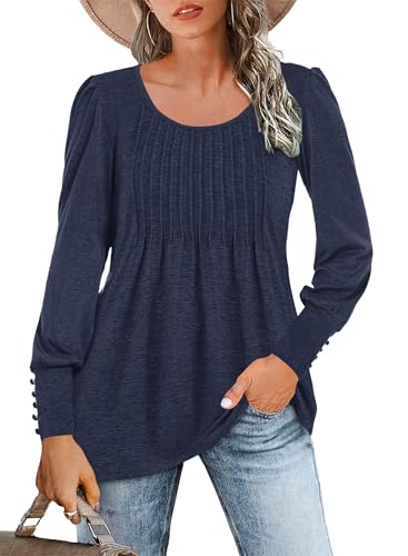 WNEEDU Langarmshirt Damen Rundhals Locker Oberteile Tunika Tshirt Plissee Tops mit Puffärmel Lässige Elegant Bluse (Azul Marino,XL) von WNEEDU