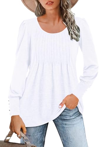WNEEDU Langarmshirt Damen Rundhals Locker Bluse Plissee Oberteile Tunika Tshirt Lässige Tops mit Puffärmel Elegant Tuniken (Blanco,XXL) von WNEEDU