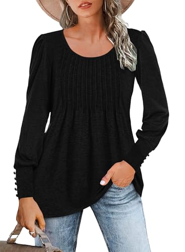 WNEEDU Langarmshirt Damen Rundhals Locker Bluse Plissee Oberteile Tunika Tshirt Lässige Tops mit Puffärmel Elegant Tuniken (Negro,S) von WNEEDU
