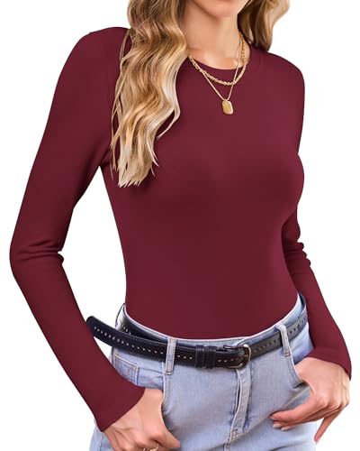 WNEEDU Langarmshirt Damen Rundhals Oberteile Gerippt Slim T-Shirt Elegantes Stretch Langarm Basic Tops Rot XL von WNEEDU