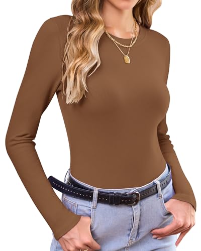WNEEDU Langarmshirt Damen Rundhals Pullover Elegant T-Shirt Langarm Gerippt Slim Oberteile Stretch Basic Tops Braun L von WNEEDU