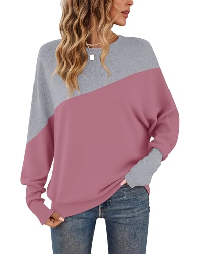 WNEEDU Langarmshirt Damen Rundhalsausschnitt Patchworkfarbe Herbst Sweatshirt Enge Manschetten Pullover Damen Blume Rosa XL von WNEEDU