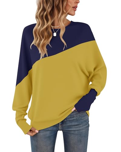 WNEEDU Langarmshirt Damen Rundhalsausschnitt Patchworkfarbe Herbst Sweatshirt Enge Manschetten Pullover Damen Hellgelb L von WNEEDU