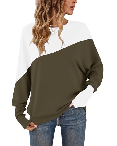 WNEEDU Langarmshirt Damen Rundhalsausschnitt Patchworkfarbe Herbst Sweatshirt Enge Manschetten Pullover Damen Kaffee Aus Weiß XXL von WNEEDU