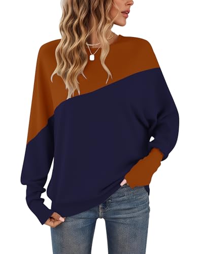 WNEEDU Langarmshirt Damen Rundhalsausschnitt Patchworkfarbe Herbst Sweatshirt Enge Manschetten Pullover Damen Marine Karamell M von WNEEDU