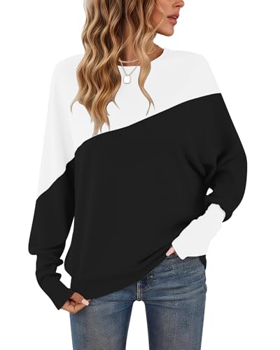 WNEEDU Langarmshirt Damen Rundhalsausschnitt Patchworkfarbe Herbst Sweatshirt Enge Manschetten Pullover Damen Schwarz Aus Weiß XXL von WNEEDU