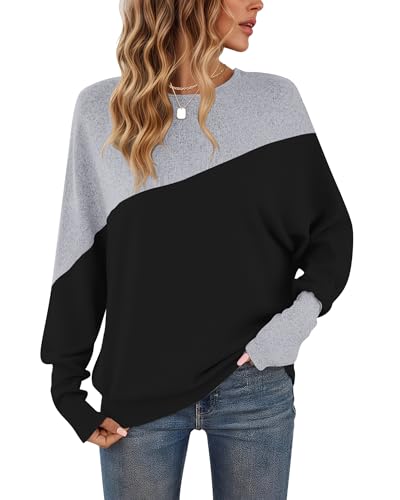 WNEEDU Langarmshirt Damen Rundhalsausschnitt Patchworkfarbe Herbst Sweatshirt Enge Manschetten Pullover Damen Schwarz Hellgrau S von WNEEDU