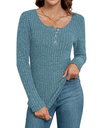 WNEEDU Pullover Damen Slim Langarmshirts Damen Lässige Strickpullover Herbest Henley Shirts 2025 Knopf Oberteile Blau M von WNEEDU